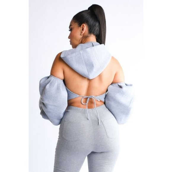 Boutique Tops - Women's Cold Shoulder Puff Sleeve Crop Top With Hoodie And Matching Pants Set